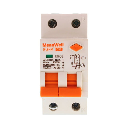 MeanWell RCBO Interruttore Magnetotermico Differenziale Tipo AC Curva C 1P+N 2M 6000A 30mA C32A AC 230V IP20 IEC61009-1