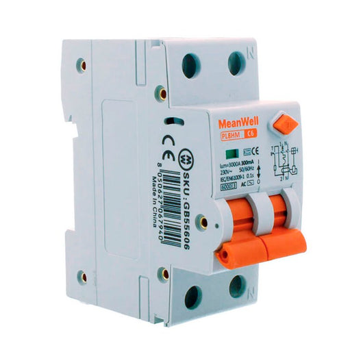 MeanWell RCBO Interruttore Magnetotermico Differenziale Tipo AC Curva C 1P+N 2M 6000A 300mA C6A AC 230V IP20 IEC61009-1