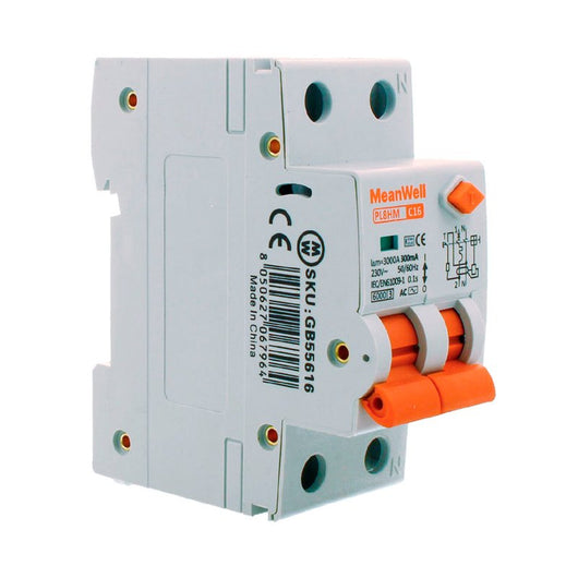 MeanWell RCBO Interruttore Magnetotermico Differenziale Tipo AC Curva C 1P+N 2M 6000A 300mA C16A AC 230V IP20 IEC61009-1