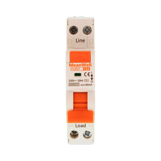 MeanWell RCBO Interruttore Magnetotermico Differenziale Tipo AC Curva C 1P+N 1M 6000A 30mA C32A AC 230V IP20 IEC61009-1