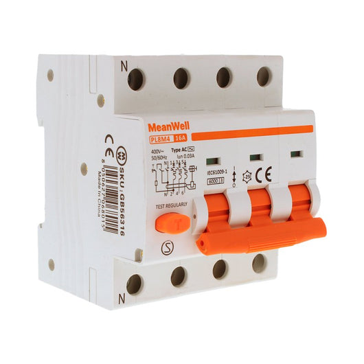 MeanWell RCBO Interruttore Magnetotermico Differenziale Tipo AC Curva C 3P+N 4M 6000A 30mA C16A AC 400V IP20 IEC61009-1