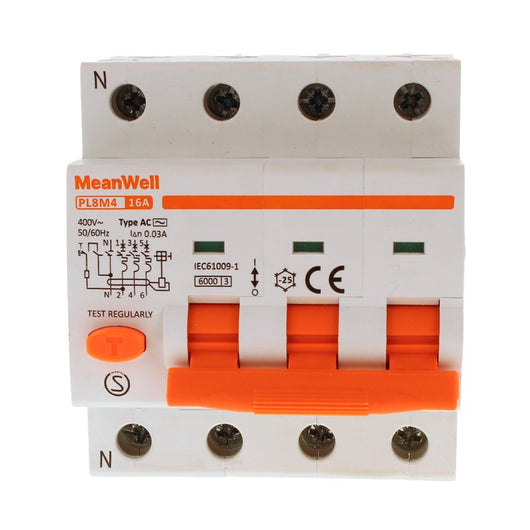 MeanWell RCBO Interruttore Magnetotermico Differenziale Tipo AC Curva C 3P+N 4M 6000A 30mA C16A AC 400V IP20 IEC61009-1