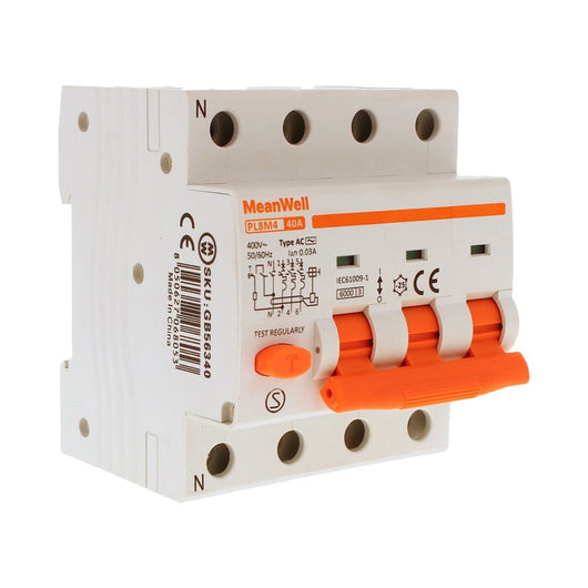 MeanWell RCBO Interruttore Magnetotermico Differenziale Tipo AC Curva C 3P+N 4M 6000A 30mA C40A AC 400V IP20 IEC61009-1