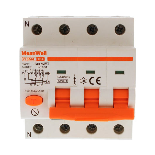 MeanWell RCBO Interruttore Magnetotermico Differenziale Tipo AC Curva C 3P+N 4M 6000A 300mA C10A AC 400V IP20 IEC61009-1