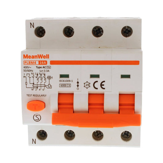 MeanWell RCBO Interruttore Magnetotermico Differenziale Tipo AC Curva C 3P+N 4M 6000A 300mA C16A AC 400V IP20 IEC61009-1