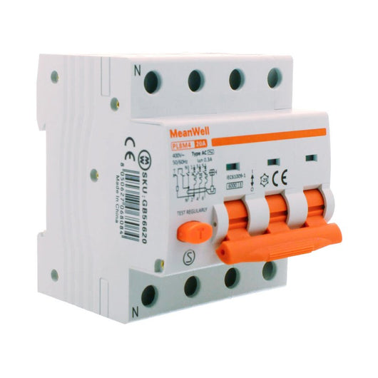 MeanWell RCBO Interruttore Magnetotermico Differenziale Tipo AC Curva C 3P+N 4M 6000A 300mA C20A AC 400V IP20 IEC61009-1