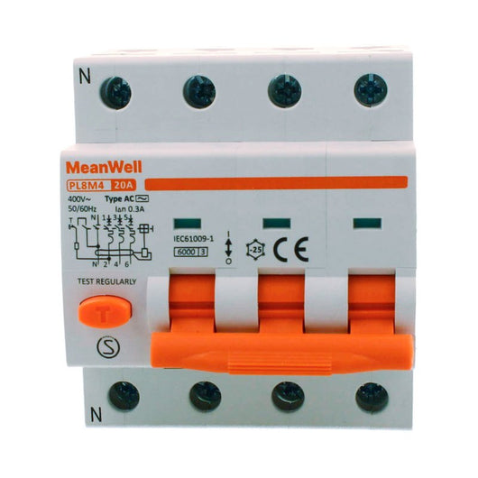 MeanWell RCBO Interruttore Magnetotermico Differenziale Tipo AC Curva C 3P+N 4M 6000A 300mA C20A AC 400V IP20 IEC61009-1