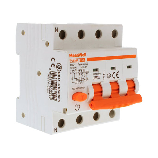 MeanWell RCBO Interruttore Magnetotermico Differenziale Tipo AC Curva C 3P+N 4M 6000A 300mA C25A AC 400V IP20 IEC61009-1