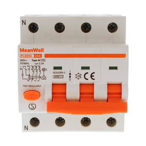 MeanWell RCBO Interruttore Magnetotermico Differenziale Tipo AC Curva C 3P+N 4M 6000A 300mA C25A AC 400V IP20 IEC61009-1