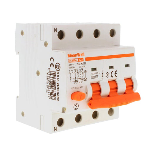 MeanWell RCBO Interruttore Magnetotermico Differenziale Tipo AC Curva C 3P+N 4M 6000A 300mA C32A AC 400V IP20 IEC61009-1