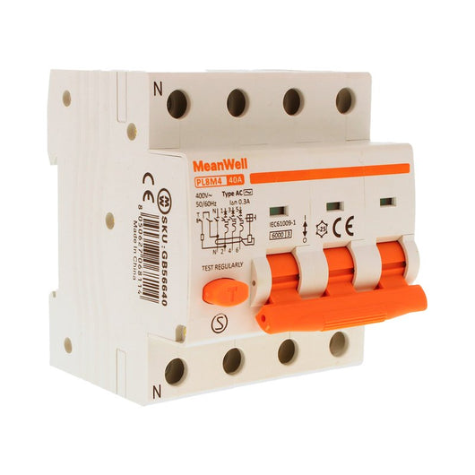 MeanWell RCBO Interruttore Magnetotermico Differenziale Tipo AC Curva C 3P+N 4M 6000A 300mA C40A AC 400V IP20 IEC61009-1