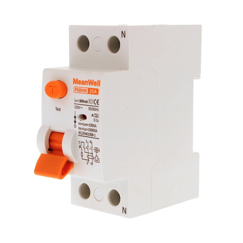 MeanWell RCCB Interruttore Differenziale Puro Tipo A 1P+N 2M 10000A 300mA 25A AC 230V IP20 IEC61008-1