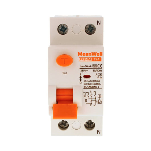 MeanWell RCCB Interruttore Differenziale Puro Tipo A 1P+N 2M 10000A 30mA 25A AC 230V IP20 IEC61008-1