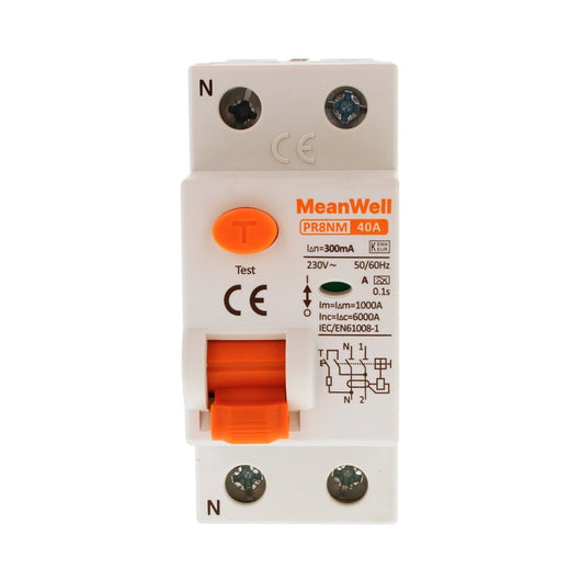 MeanWell RCCB Interruttore Differenziale Puro Tipo A 1P+N 2M 6000A 300mA 40A AC 230V IP20 IEC61008-1