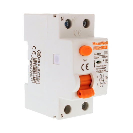 MeanWell RCCB Interruttore Differenziale Puro Tipo A 1P+N 2M 6000A 30mA 25A AC 230V IP20 IEC61008-1