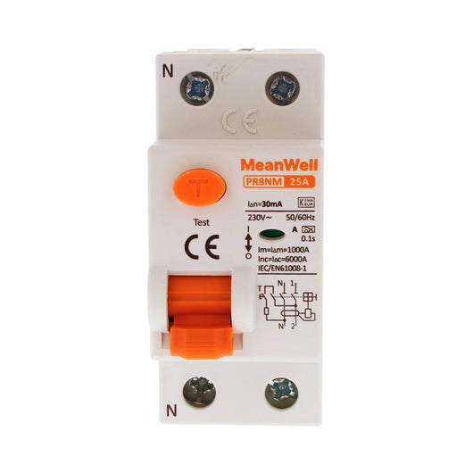 MeanWell RCCB Interruttore Differenziale Puro Tipo A 1P+N 2M 6000A 30mA 25A AC 230V IP20 IEC61008-1