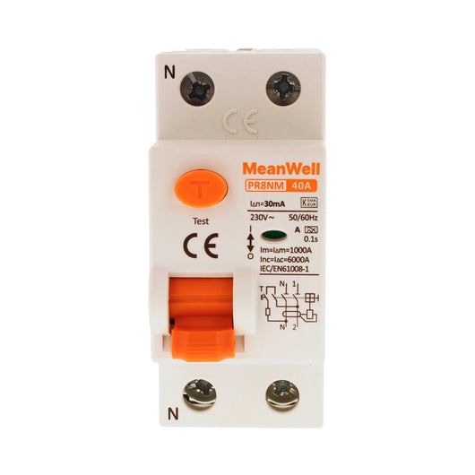 MeanWell RCCB Interruttore Differenziale Puro Tipo A 1P+N 2M 6000A 30mA 40A AC 230V IP20 IEC61008-1