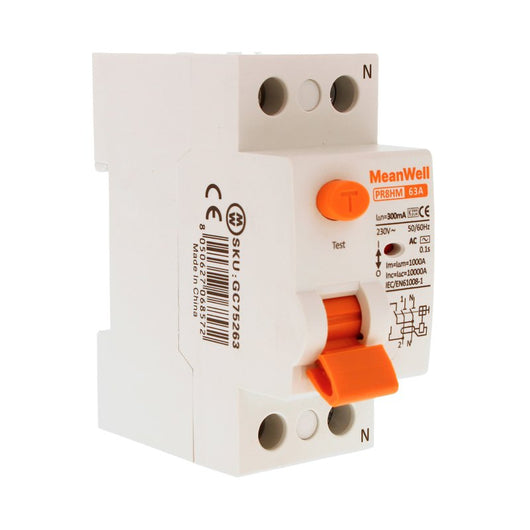 MeanWell RCCB Interruttore Differenziale Puro Tipo AC 1P+N 2M 10000A 300mA 63A AC 230V IP20 IEC61008-1