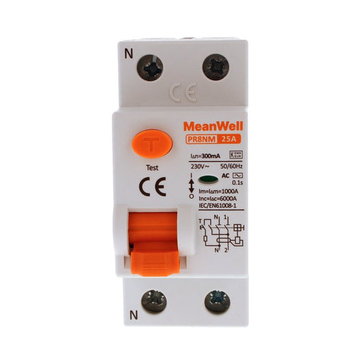 MeanWell RCCB Interruttore Differenziale Puro Tipo AC 1P+N 2M 6000A 300mA 25A AC 230V IP20 IEC61008-1