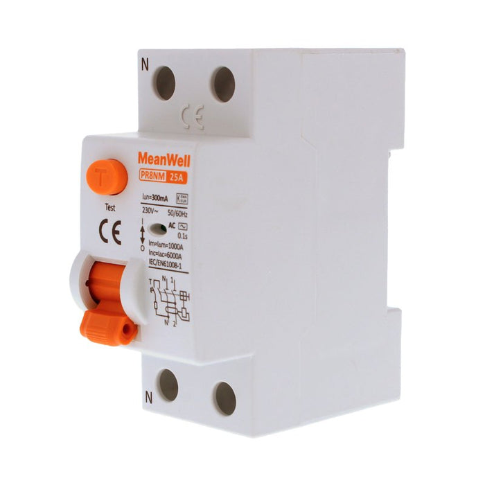 MeanWell RCCB Interruttore Differenziale Puro Tipo AC 1P+N 2M 6000A 300mA 25A AC 230V IP20 IEC61008-1