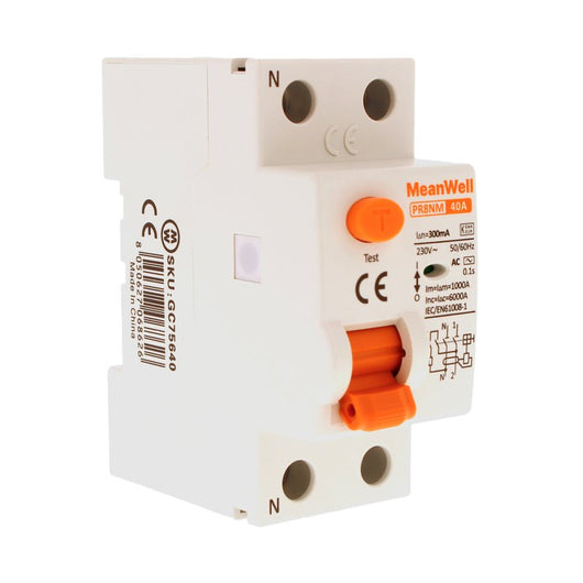 MeanWell RCCB Interruttore Differenziale Puro Tipo AC 1P+N 2M 6000A 300mA 40A AC 230V IP20 IEC61008-1