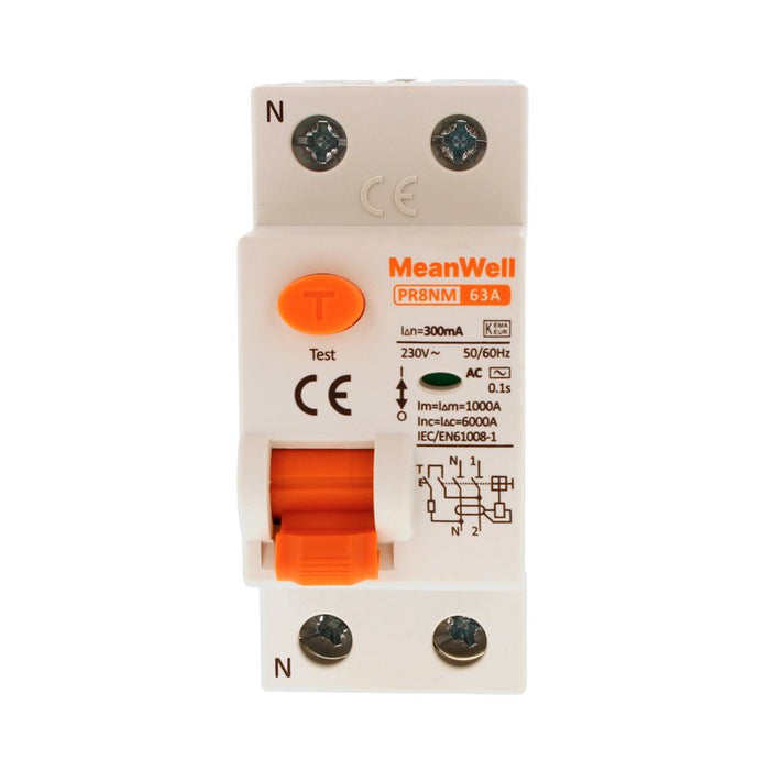 MeanWell RCCB Interruttore Differenziale Puro Tipo AC 1P+N 2M 6000A 300mA 63A AC 230V IP20 IEC61008-1