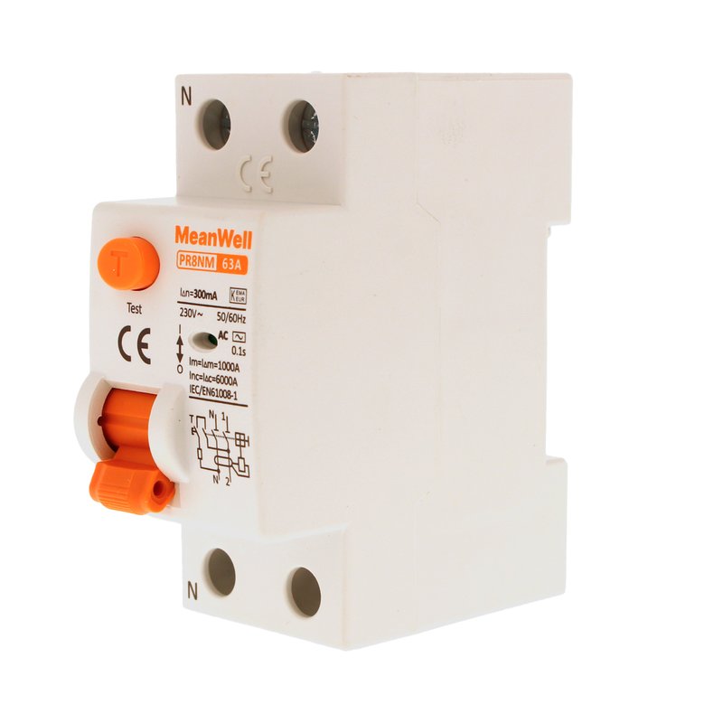 MeanWell RCCB Interruttore Differenziale Puro Tipo AC 1P+N 2M 6000A 300mA 63A AC 230V IP20 IEC61008-1