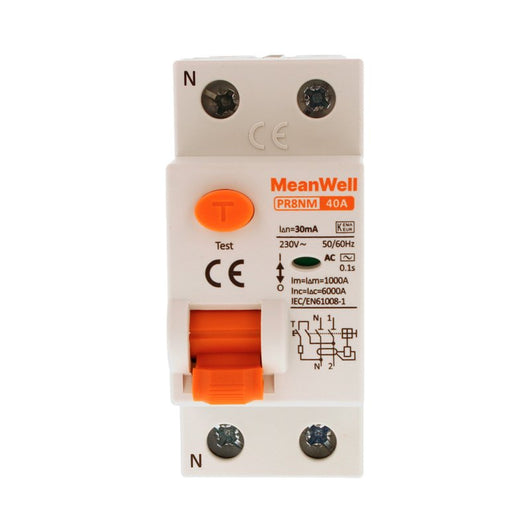 MeanWell RCCB Interruttore Differenziale Puro Tipo AC 1P+N 2M 6000A 30mA 40A AC 230V IP20 IEC61008-1