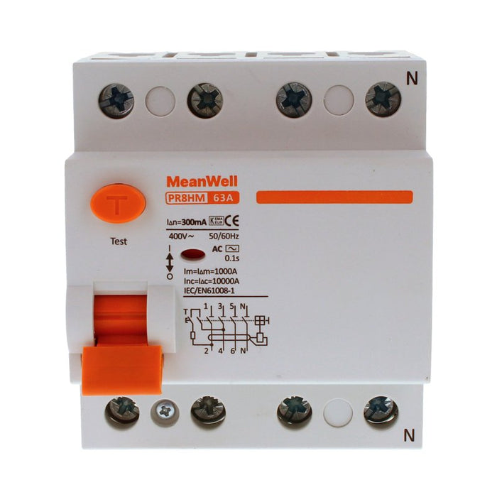 MeanWell RCCB Interruttore Differenziale Puro Tipo AC 3P+N 4M 10000A 300mA 63A AC 400V IP20 IEC61008-1