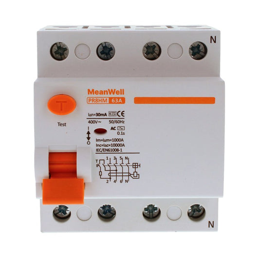 MeanWell RCCB Interruttore Differenziale Puro Tipo AC 3P+N 4M 10000A 30mA 63A AC 400V IP20 IEC61008-1