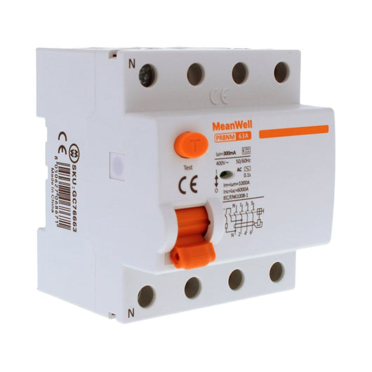 MeanWell RCCB Interruttore Differenziale Puro Tipo AC 3P+N 4M 6000A 300mA 63A AC 400V IP20 IEC61008-1