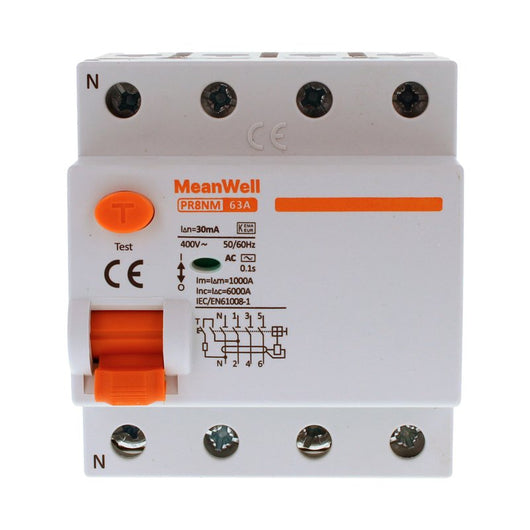 MeanWell RCCB Interruttore Differenziale Puro Tipo AC 3P+N 4M 6000A 30mA 63A AC 400V IP20 IEC61008-1