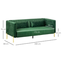 Divano 3 Posti 200x88x76 cm in Acciaio e Tessuto Vellutato Verde