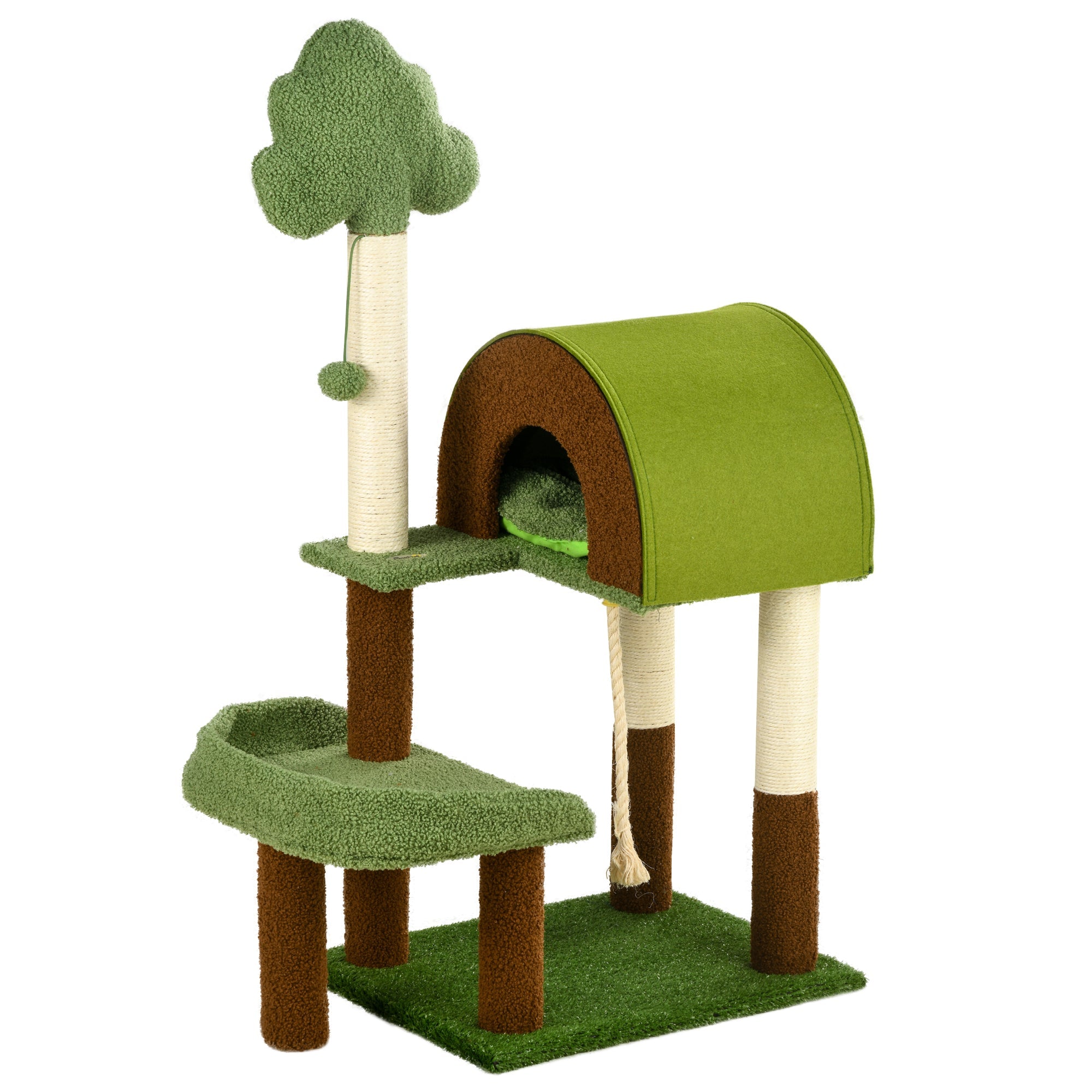 Albero Tiragraffi Tema Foresta 49x40x107 cm con Casetta Lettino e Pallina Verde