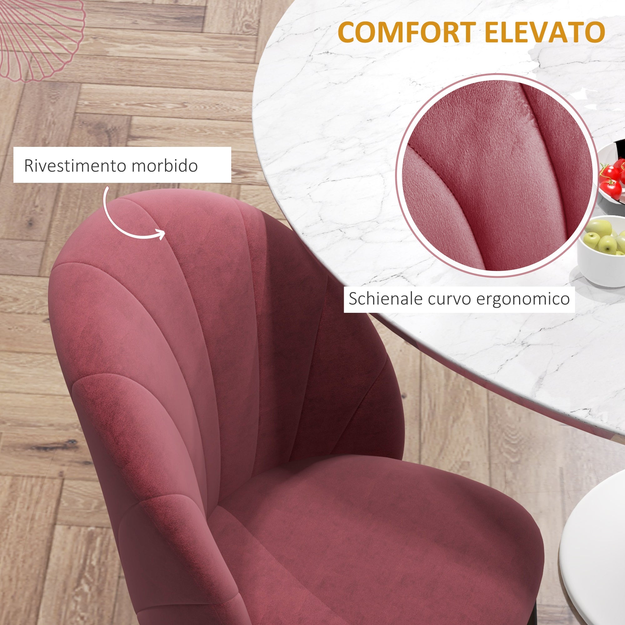 Set 2 Sedie da Pranzo in Velluto Imbottite 52x54x79 cm con Gambe in Metallo Rosso