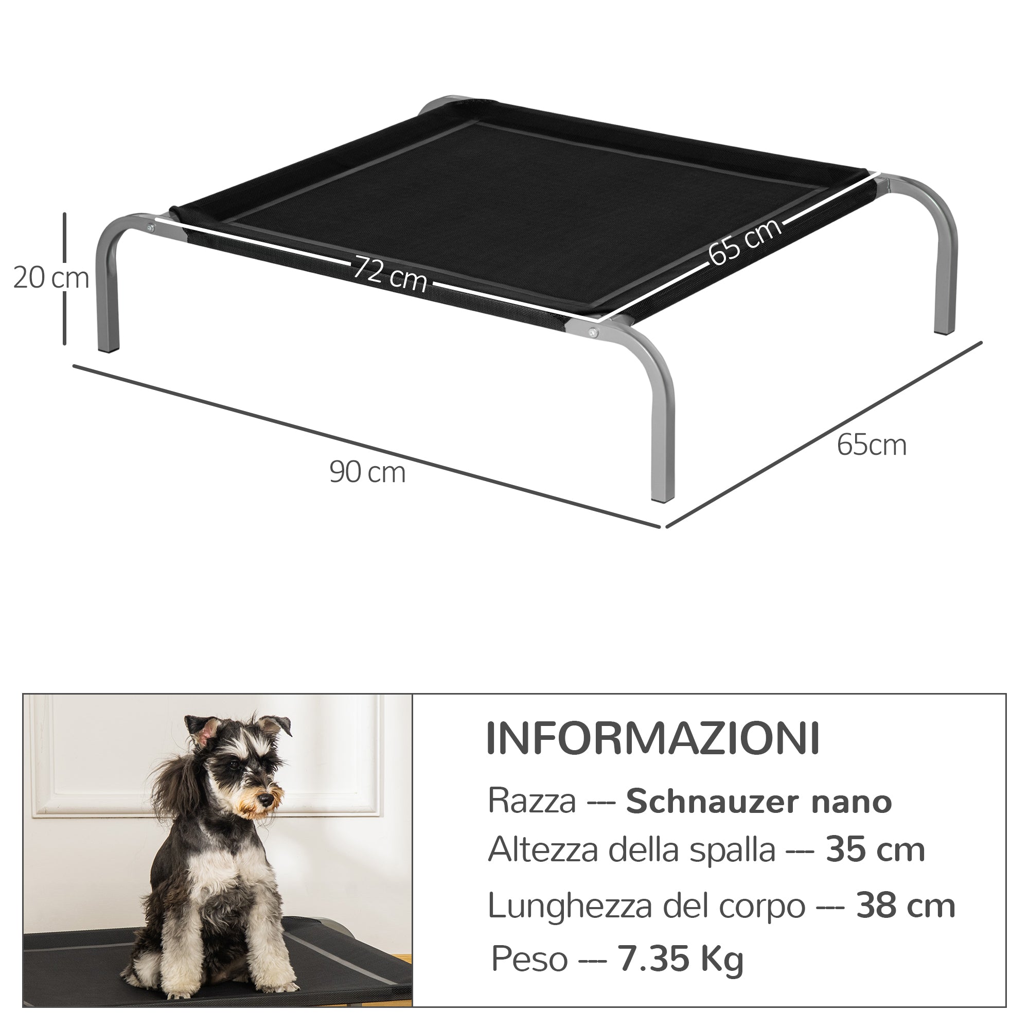 Lettino per Cani Rialzato con Seduta Traspirante 90x65x20 cm in Metallo e Tessuto Nero e Argento