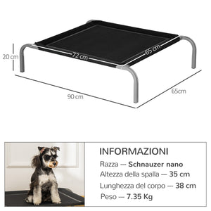 Lettino per Cani Rialzato con Seduta Traspirante 90x65x20 cm in Metallo e Tessuto Nero e Argento