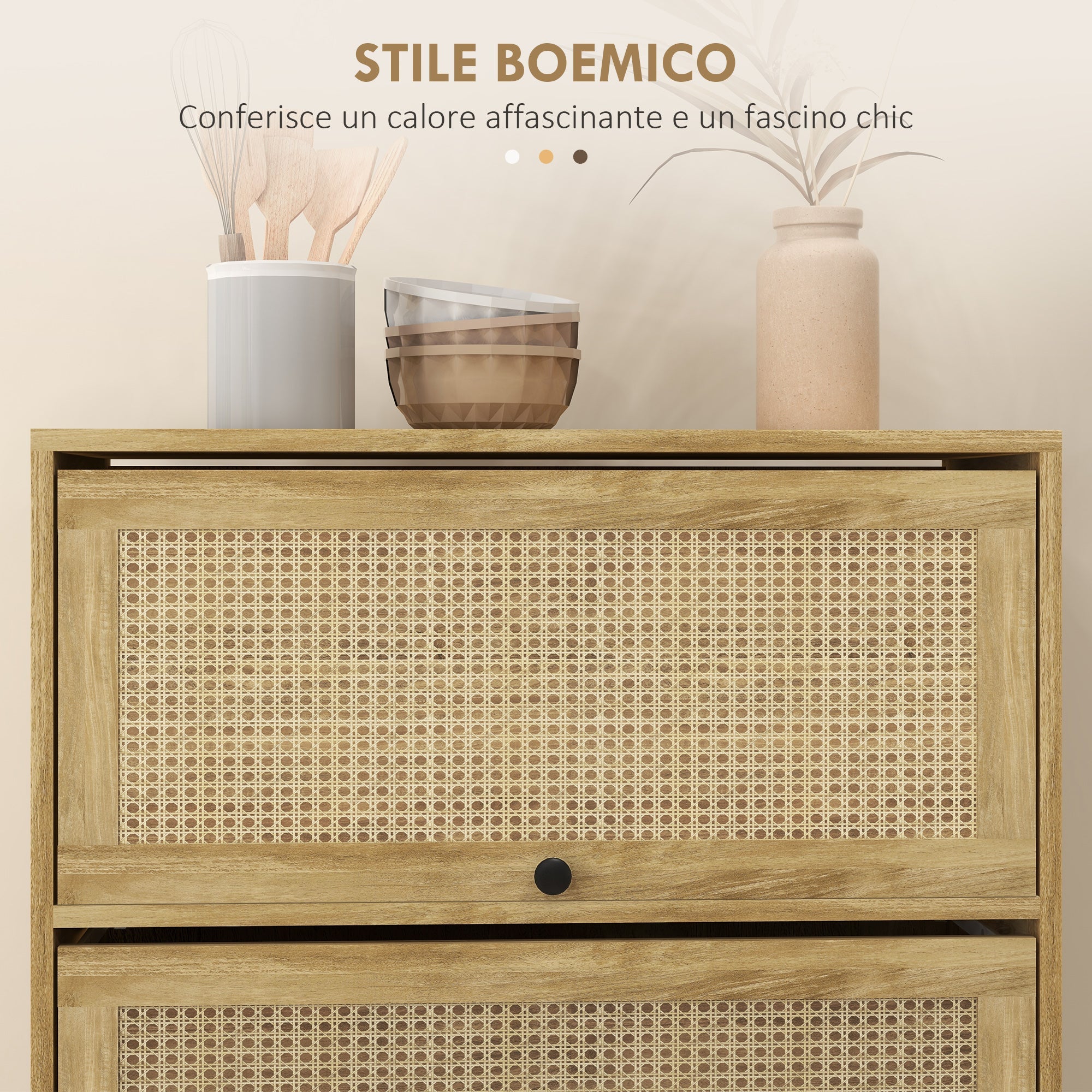 Mobile Cucina in stile Boho con 4 Ante a Ribalta 70x32x132.8 cm in Truciolato e Rattan