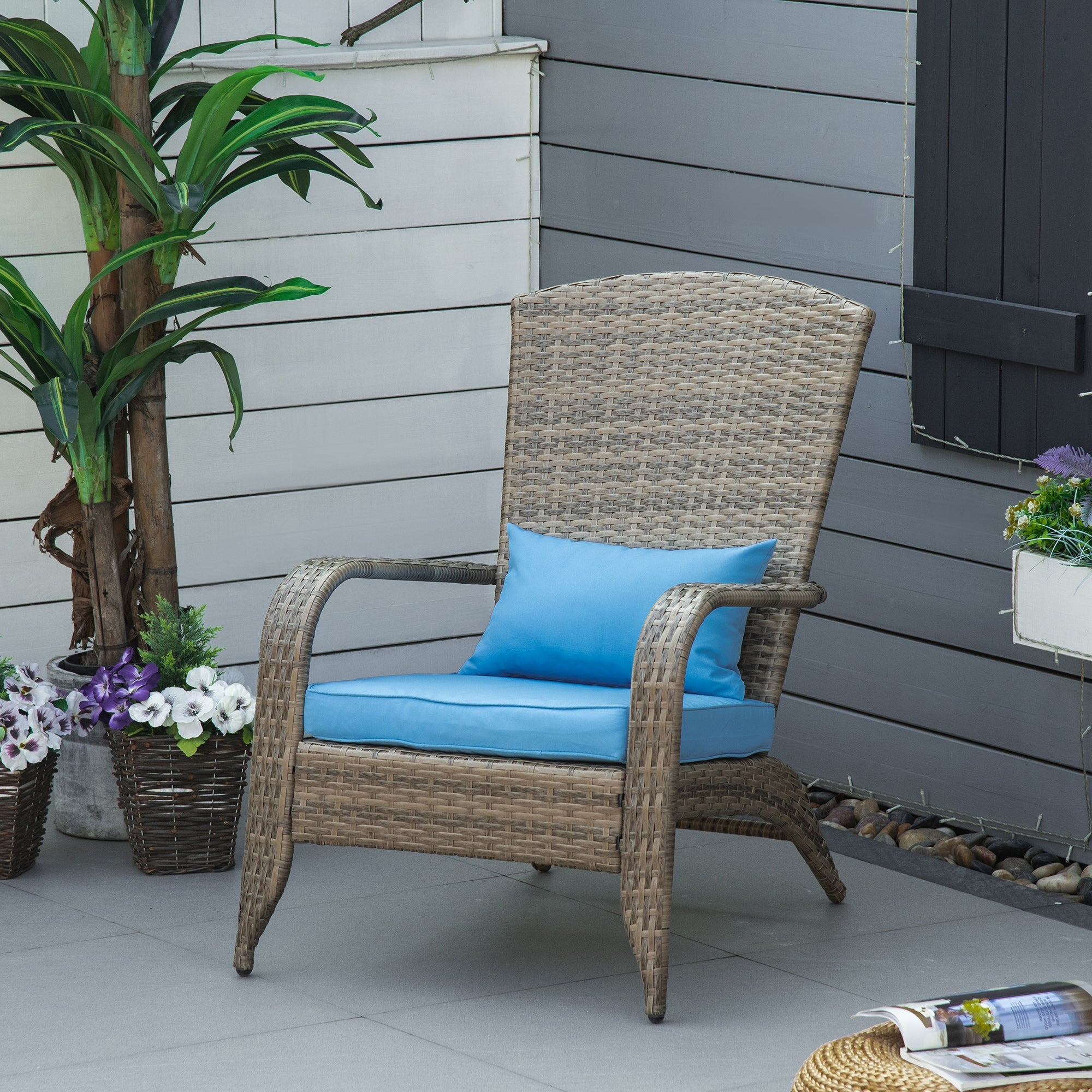 Sedia da Giardino 65x86x90 cm in Rattan e Acciaio Marrone e Blu