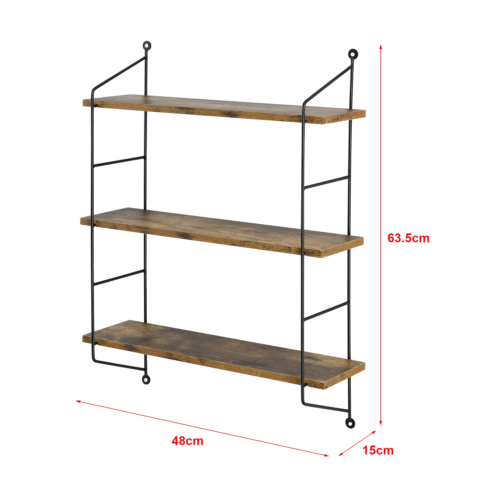 Scaffale da Parete Ösel a 3 Ripiani Regolabili 48 x 15 x 63.5 cm Effetto Legno Scuro / Nero [en.casa]