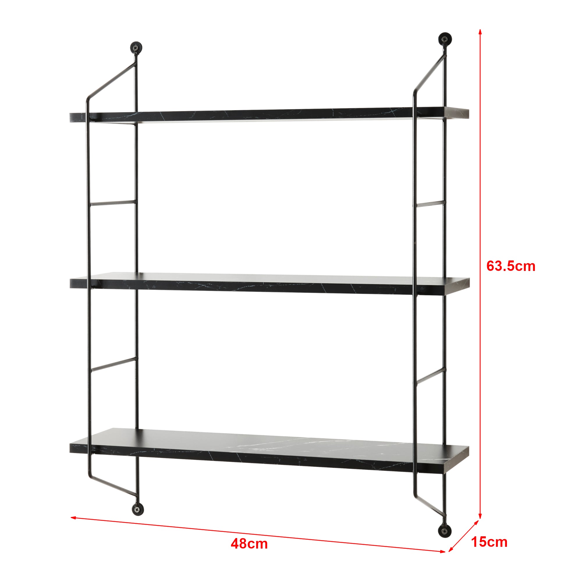 Scaffale da Parete à–sel a 3 Ripiani Regolabili 48 x 15 x 63.5 cm Effetto Marmo Nero / Nero [en.casa]