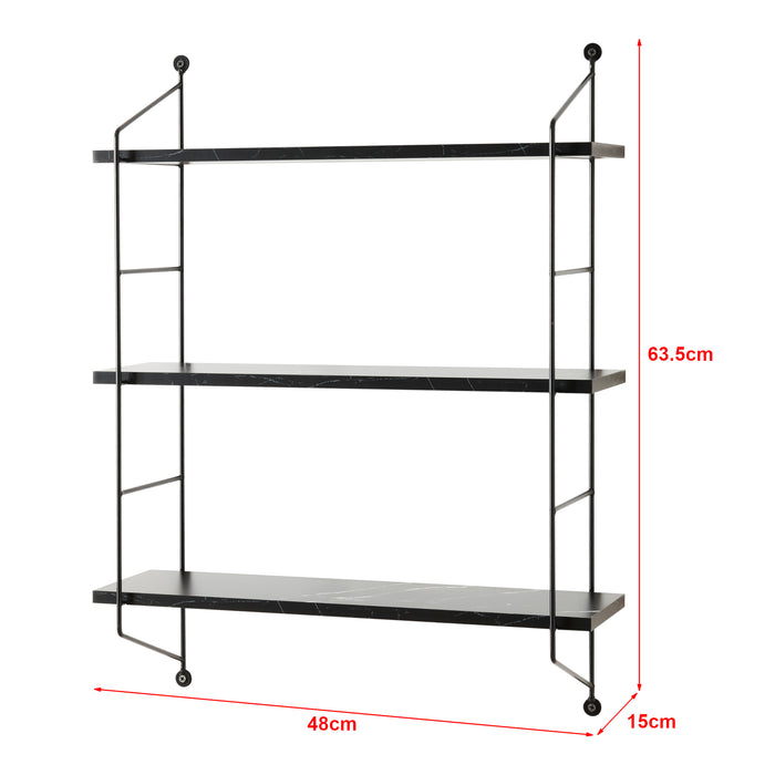 Scaffale da Parete à–sel a 3 Ripiani Regolabili 48 x 15 x 63.5 cm Effetto Marmo Nero / Nero [en.casa]