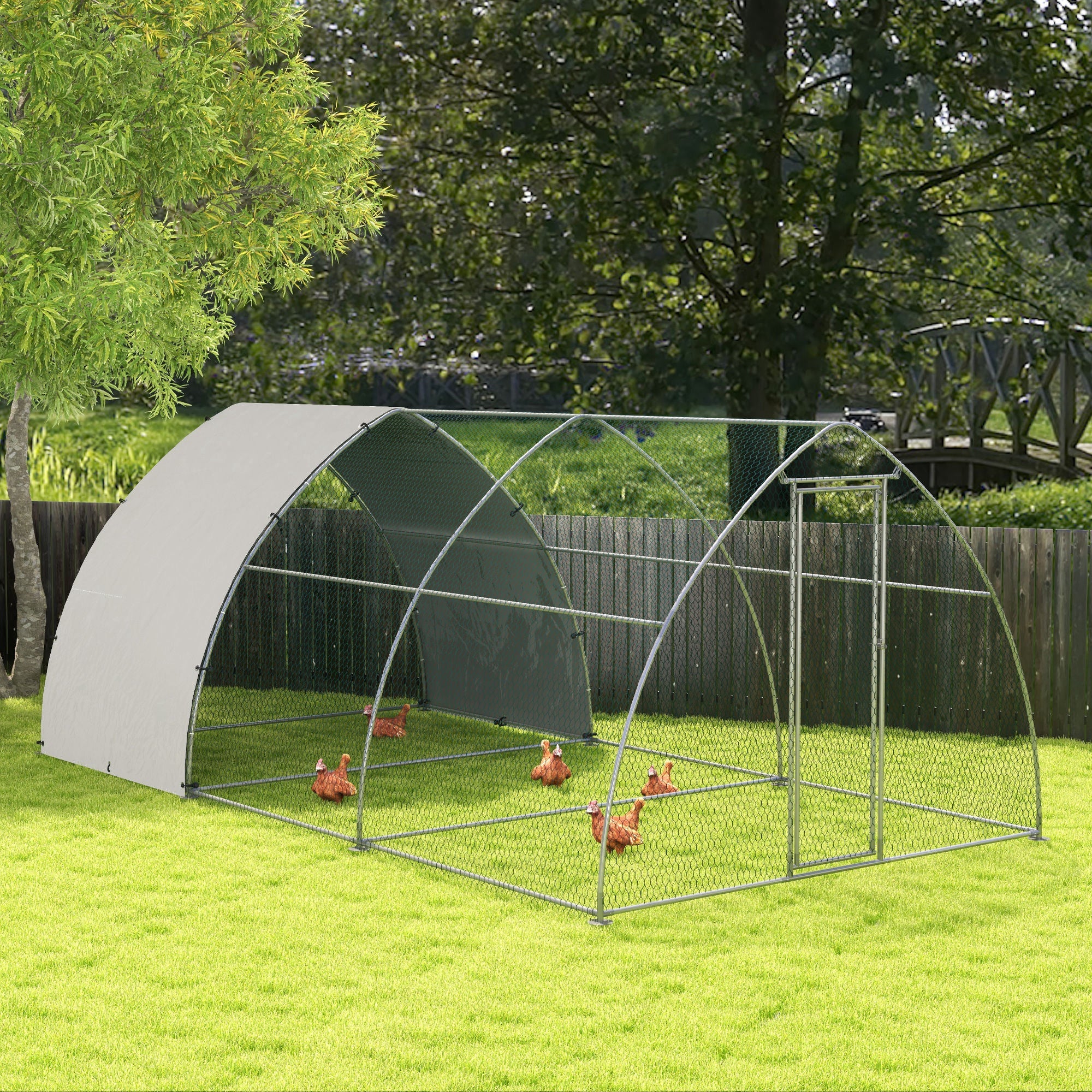 Recinto per Galline per 14-18 Animali con Porta Bloccabile 3x5,6x2,2 m in Acciaio Argento