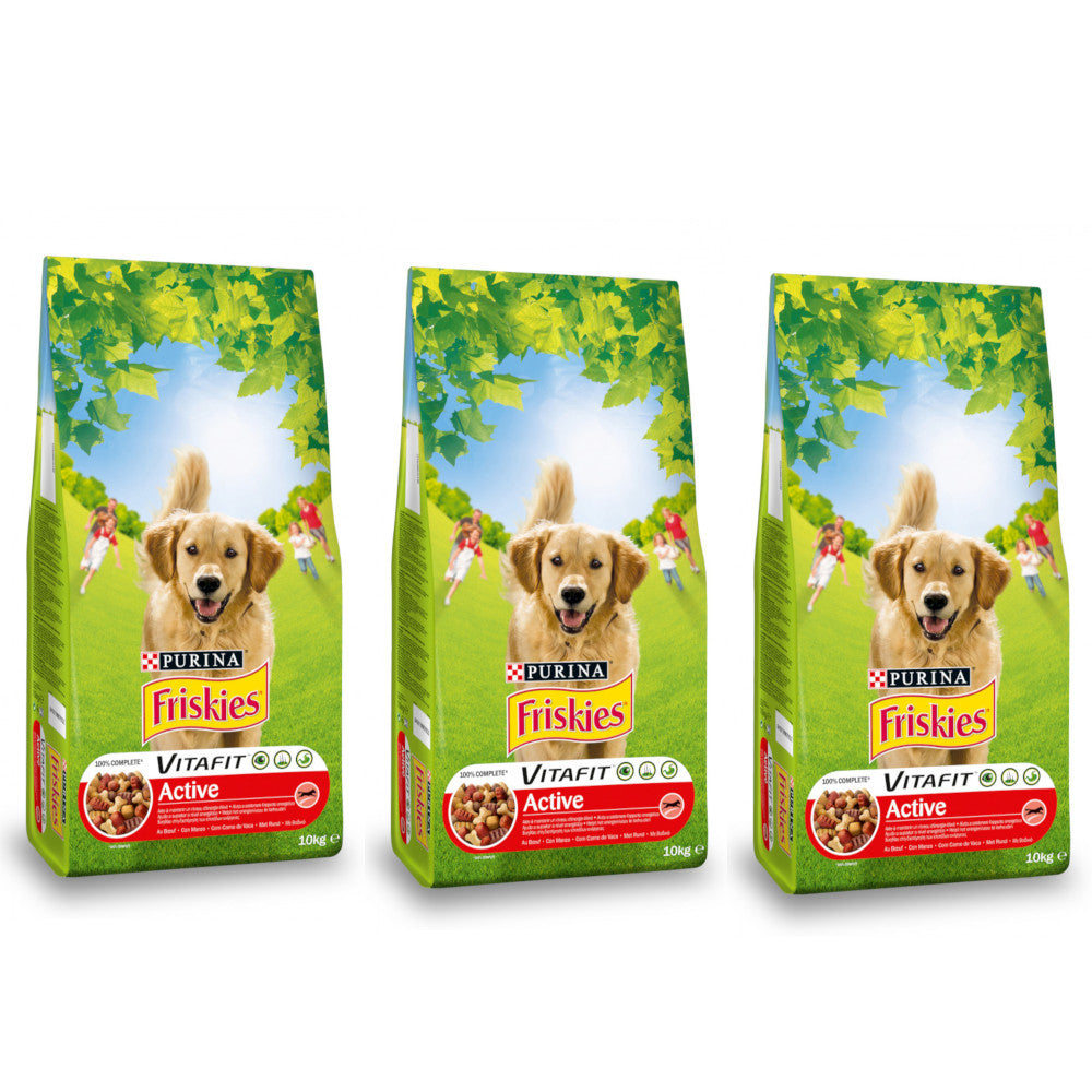 Multipack da 3 pz di purina friskies per cani crocchette vitafit active con manzo da 10 kg cad