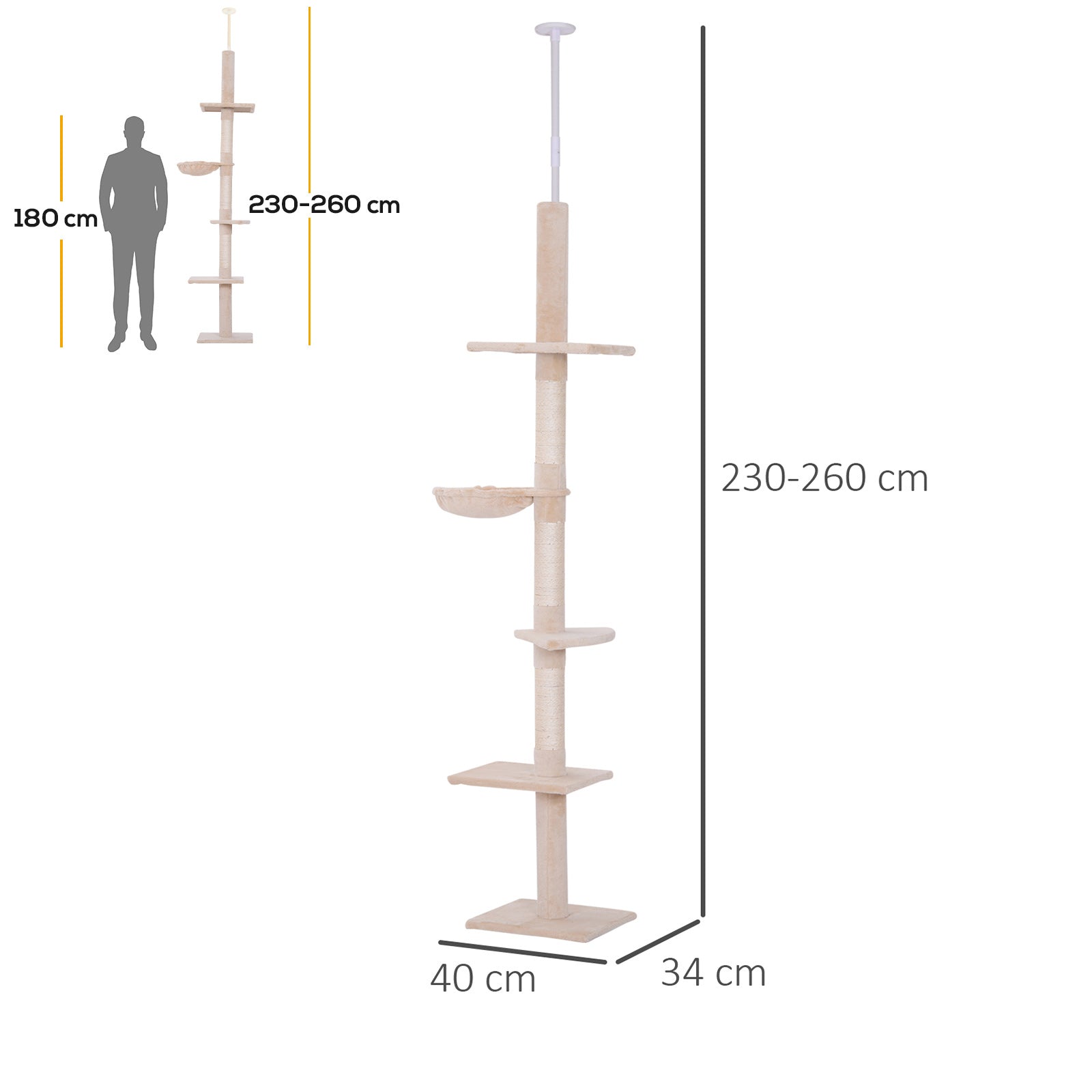 Albero Tiragraffi per Gatti Multilivello a Soffitto 40x34x230-260 cm Altezza Regolabile Beige