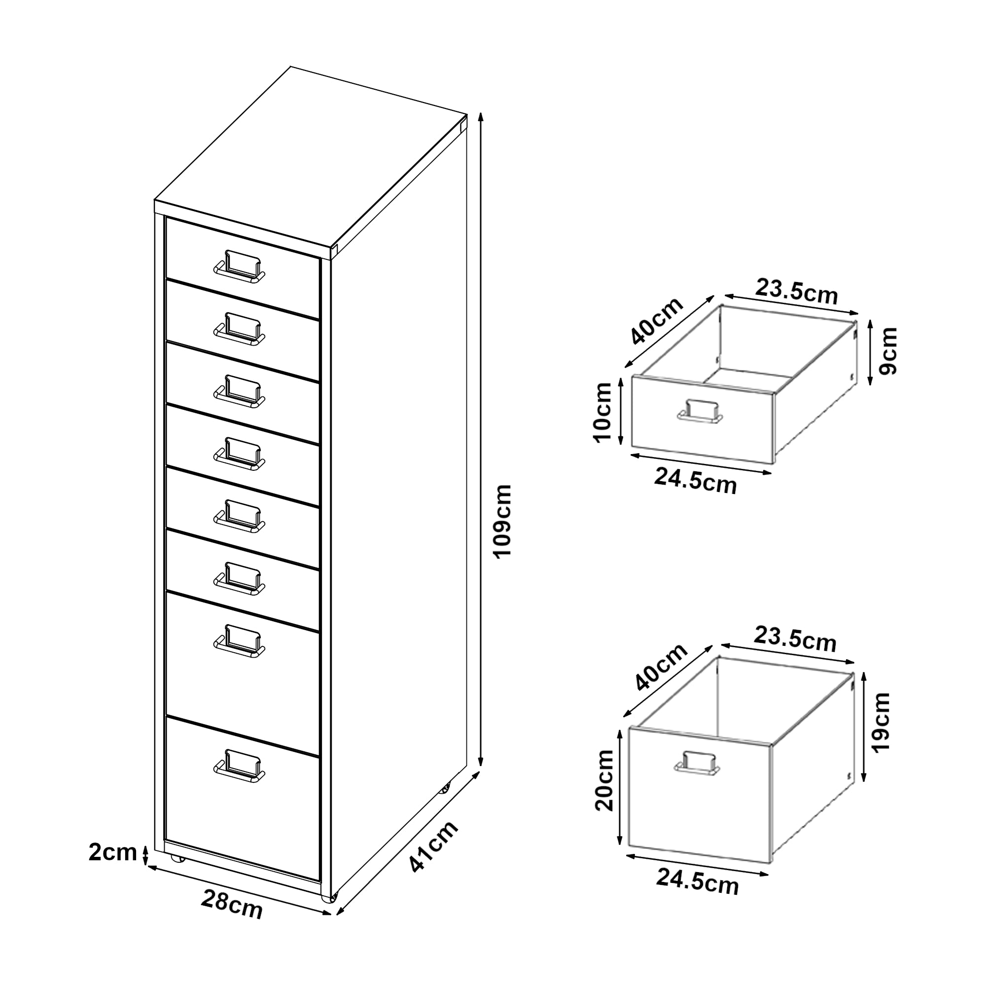 Cassettiera Kökar in Acciaio Mobile Archivio con 8 Cassetti e Rotelle - Nero [en.casa]