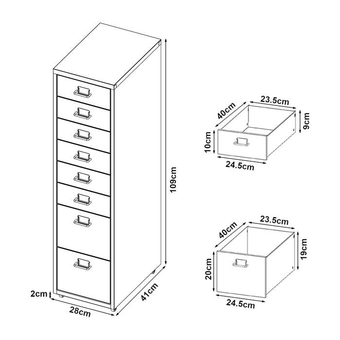 Cassettiera Kökar in Acciaio Mobile Archivio con 8 Cassetti e Rotelle - Nero [en.casa]