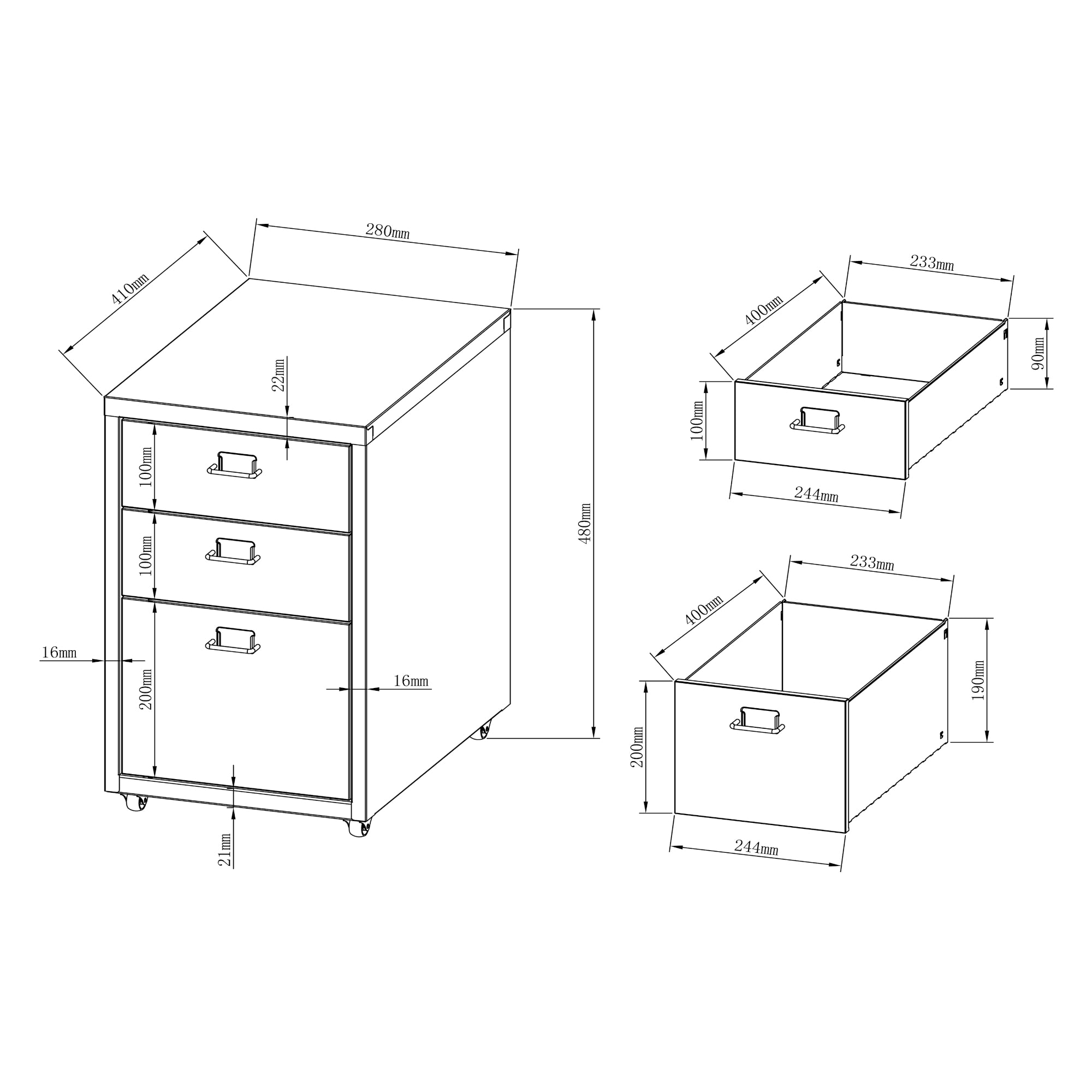 Cassettiera da Ufficio Kà¶kar con Rotelle 48 x 28 x 41 cm Acciaio Grigio [en.casa]