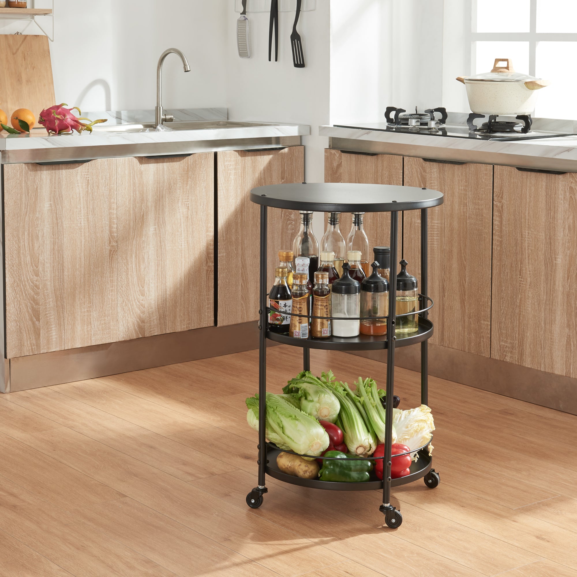 Carrello Portavivande Munkedal con 3 Ripiani Rotondi 75 x 45 cm Metallo Nero [en.casa]