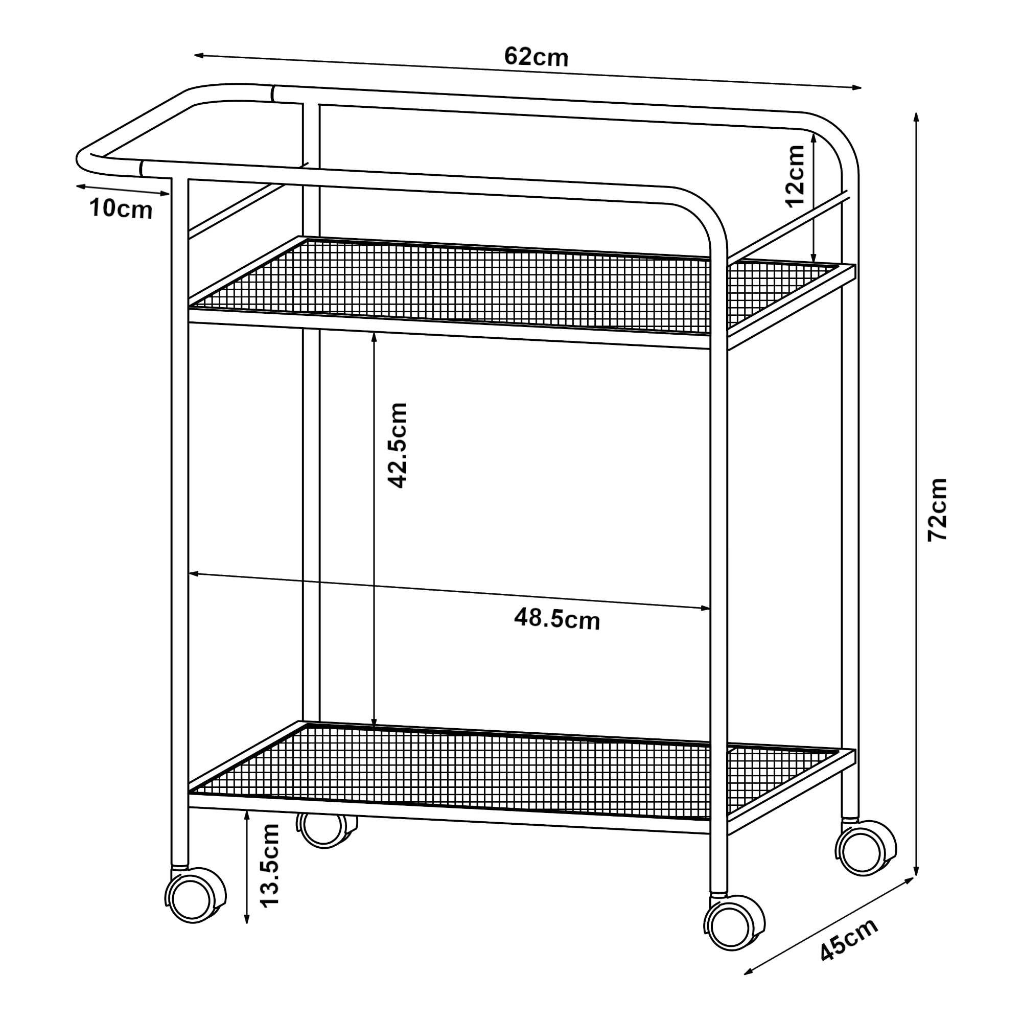 Carrello di Servizio Hole Portavivande con 2 Ripiani 72 x 62 x 45 cm Nero [en.casa]